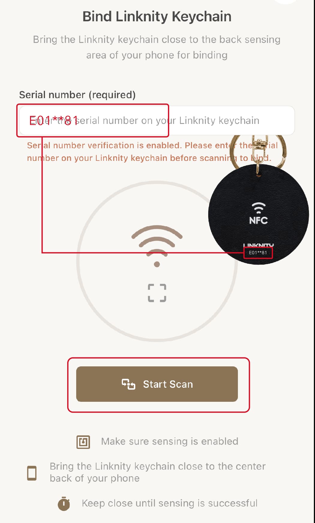 Enter serial number and start NFC scan